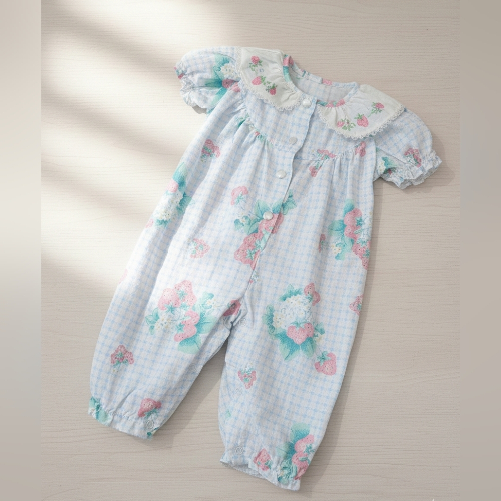 Vintage Strawberry Baby Girl Romper Embroidered Peter Pan Kawaii Cottagecore